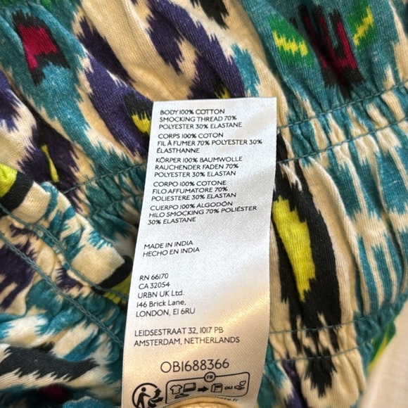 By Anthropologie Smocked Tube Top Size Medium Turquoise Ikat Print Strapless - Picture 7 of 8